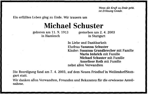 Schuster Michael 1913-2003 Todesanzeige